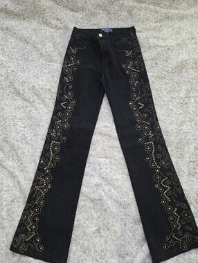 Brazil Roxx Y2K Western Bling Black Wide Leg Flared Studded Jeans 6